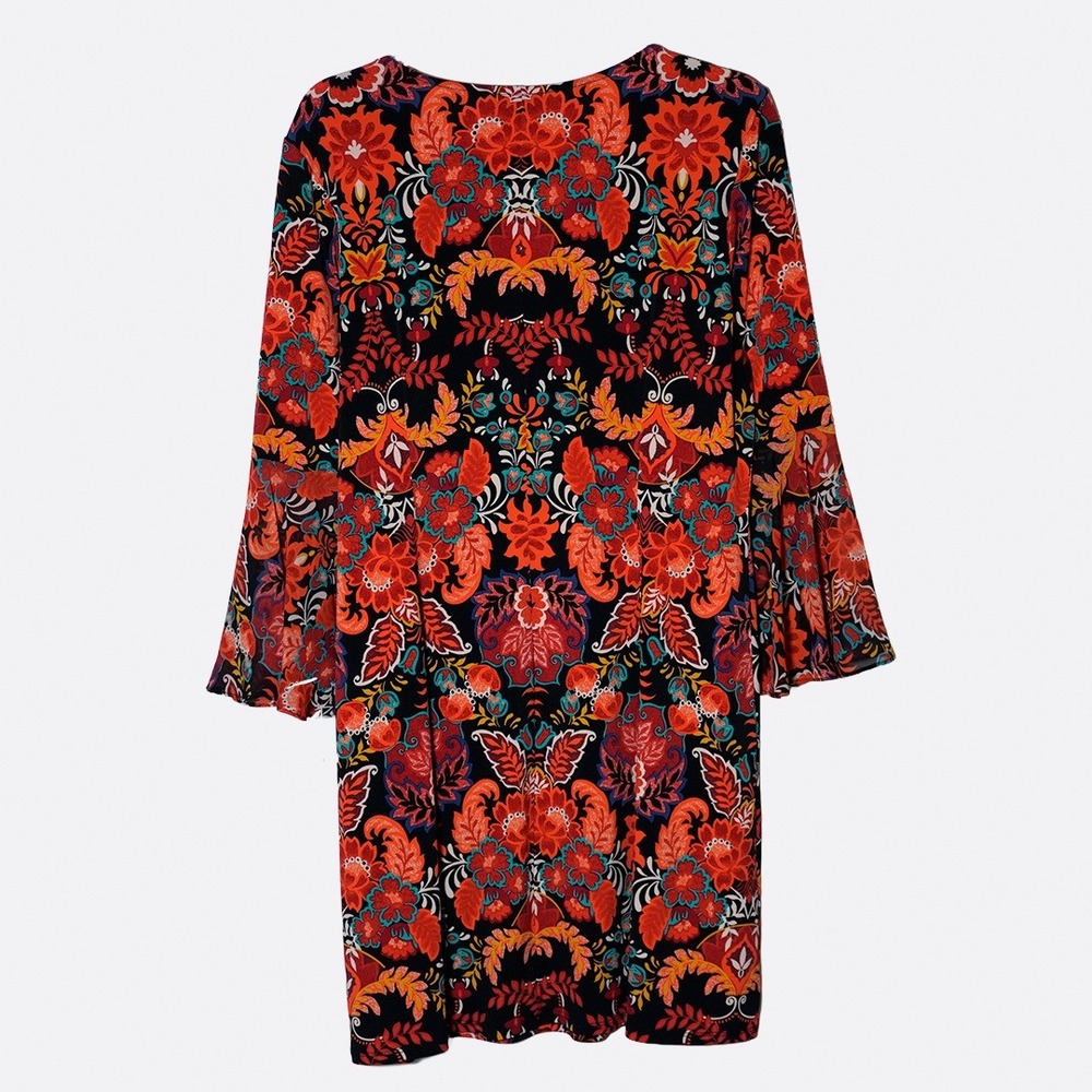 MSK Boho Chic Paisley Bell Sleeve Cocktail Dress  L 12 14 Retro 70s Sunset Bloom - Picture 3 of 8
